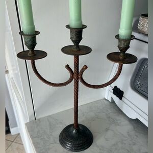 Elegant Vintage Candelabra, Natural Verdigris Patina (Green & Rust Rope Design)